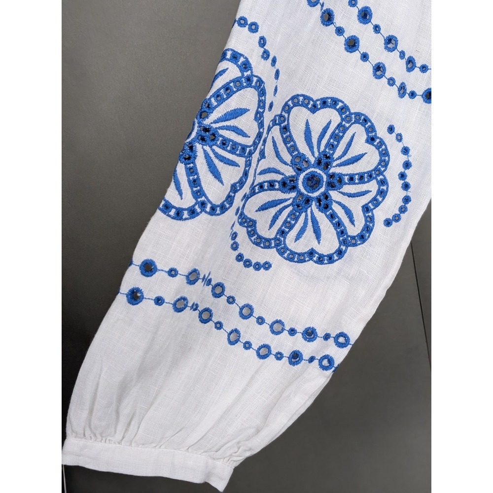 J. Crew Womens Bungalow Linen Embroidered Top Sz M White Blue Boho Cottagecore - Picture 4 of 11